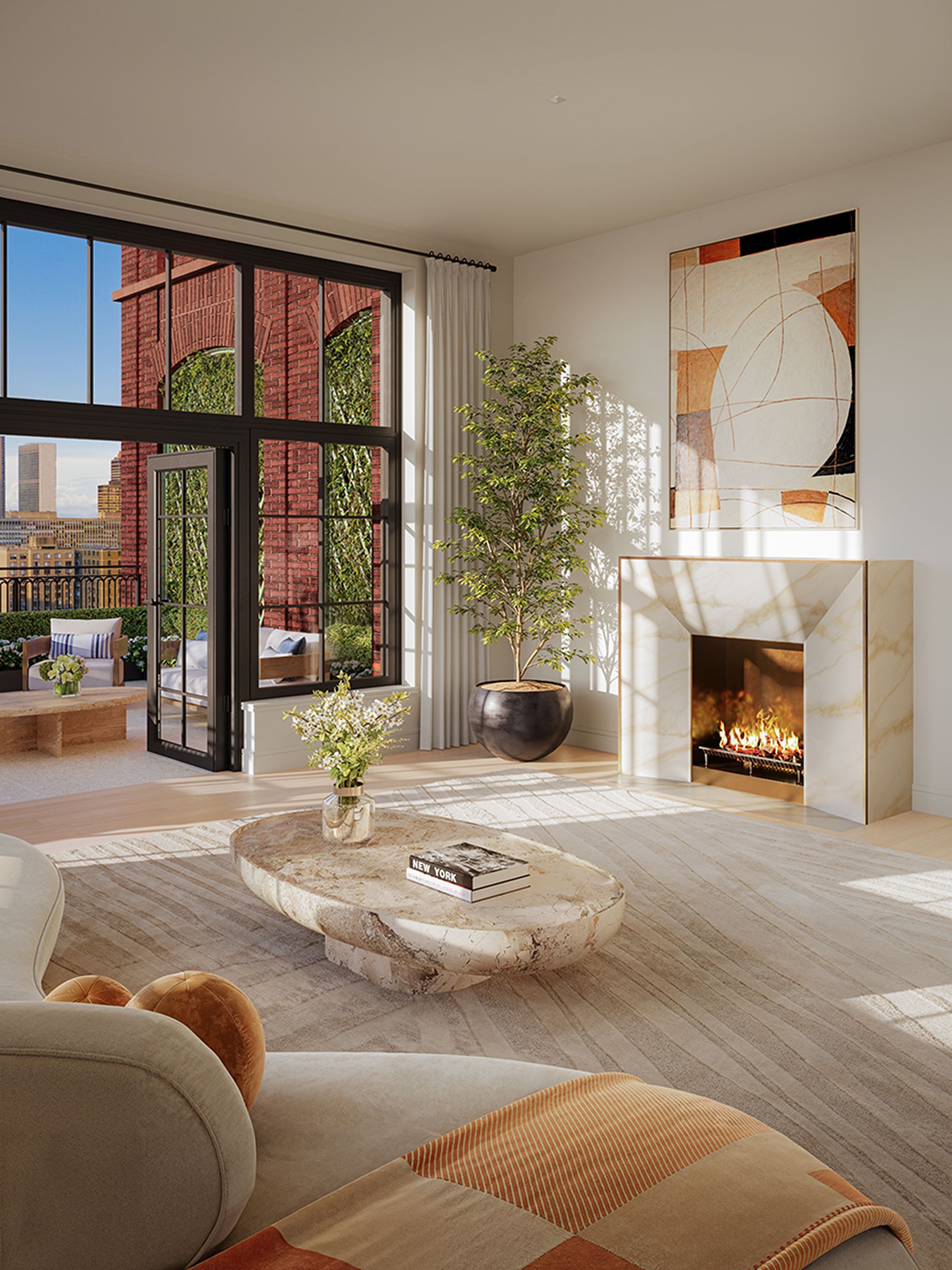 Great room at The Willow Residences in Gramercy with adjoining terrace and triple exposure to NYC views.