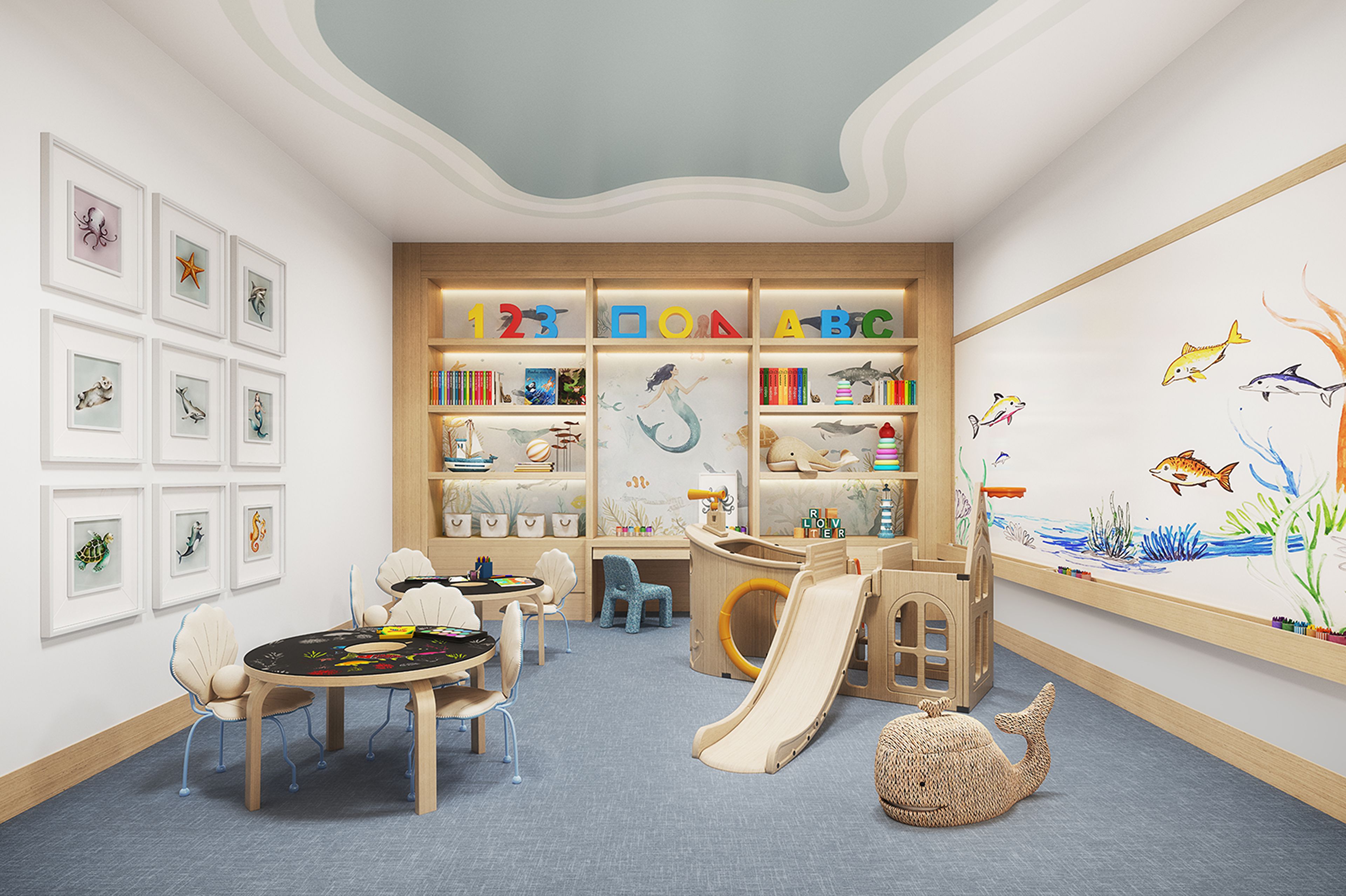 Nautical themed children's playroom equipped for imaginative play at The Willow, a luxury new development in Gramercy NYC.