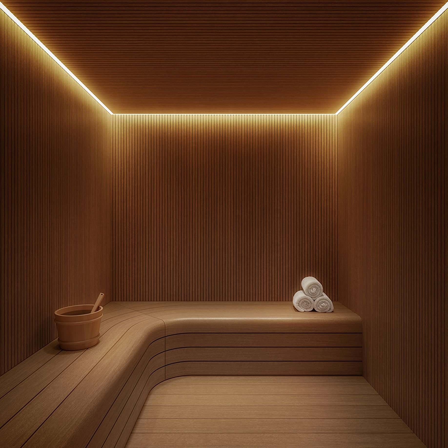 Cedar-clad sauna at The Willow Residences, new development in Gramercy at 201 East 23rd St, NYC.