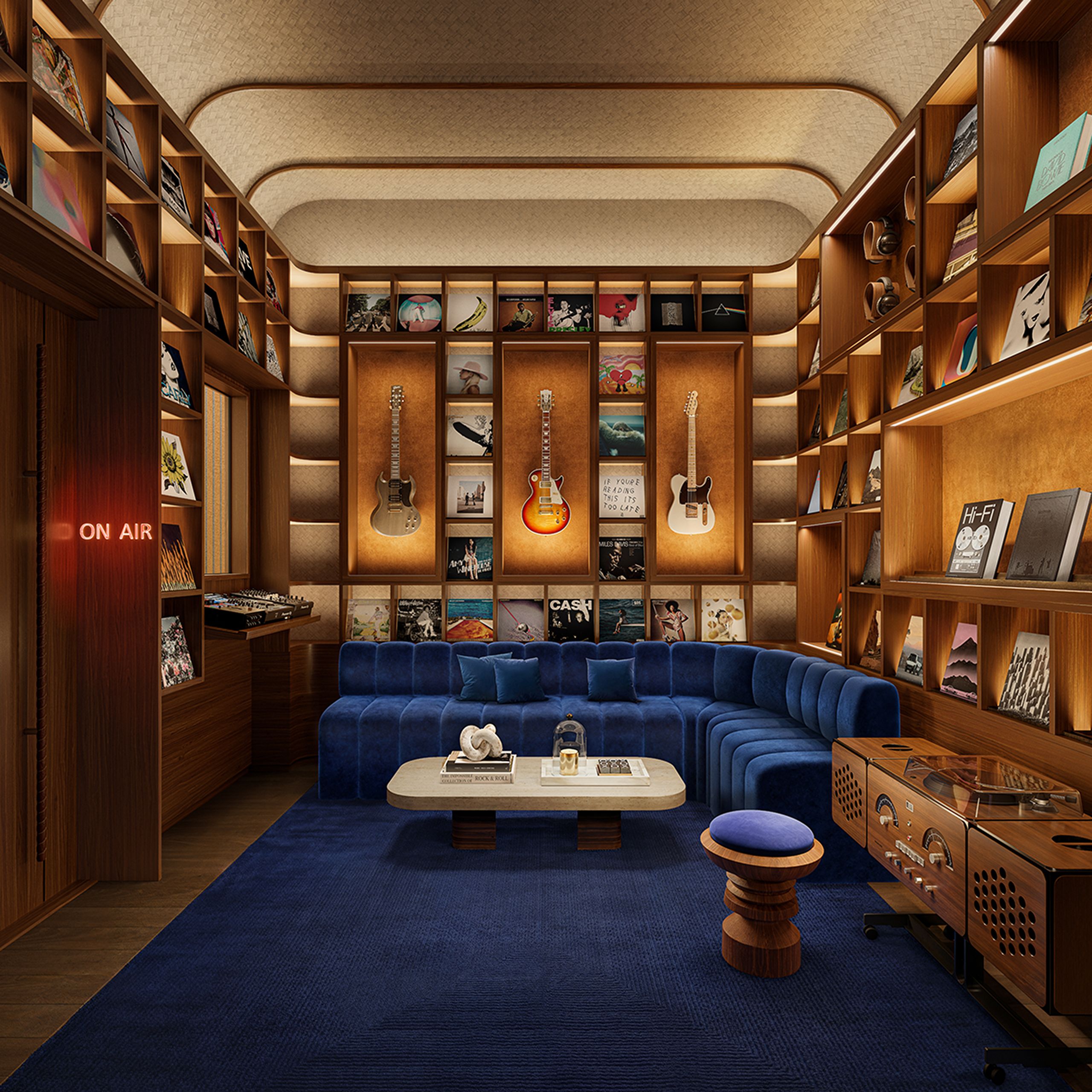 Music room with blue piano, guitar & percussion for practicing at The Willow Residences by Naftali Group near Gramercy Park.