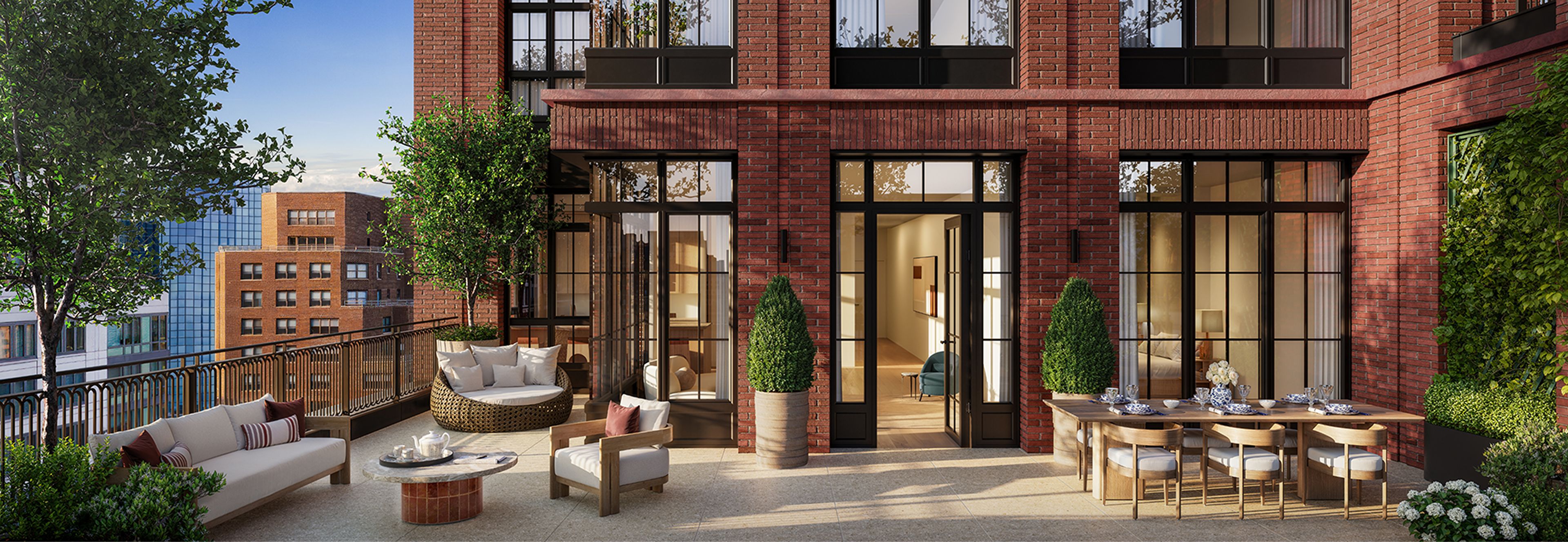 Elegant outdoor terrace at a luxury residences for sale in Gramercy at The Willow new development by Naftali Group.