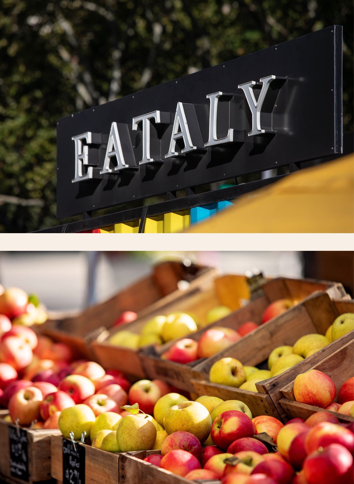 The Willow Gramercy 콘도 근처 NYC 시장의 Eataly Flatiron 간판과 신선한 사과. 고급 음식과 지역 농산물을 선보입니다.