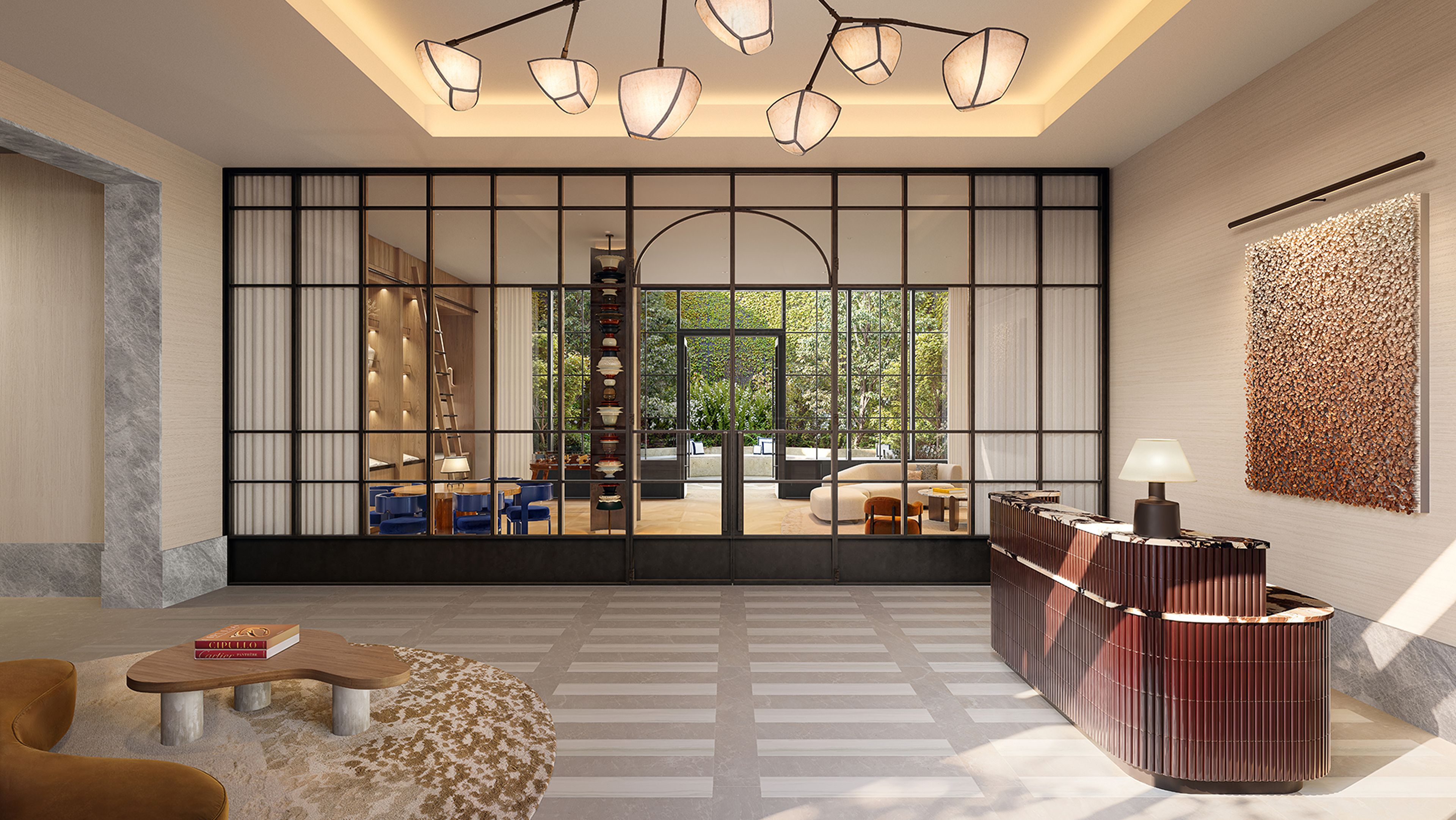 Elegant lobby featuring front desk, couches, and floor-to-ceiling windows at The Willow Residences near Gramercy Park, NYC.