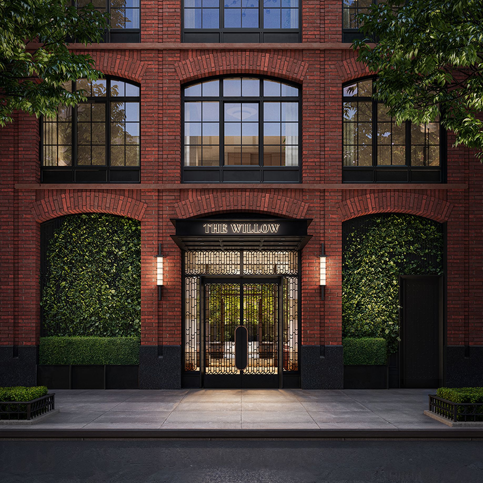 Entrance of The Willow, brand new Gramercy residential building at 201 East 23rd Street, NYC.