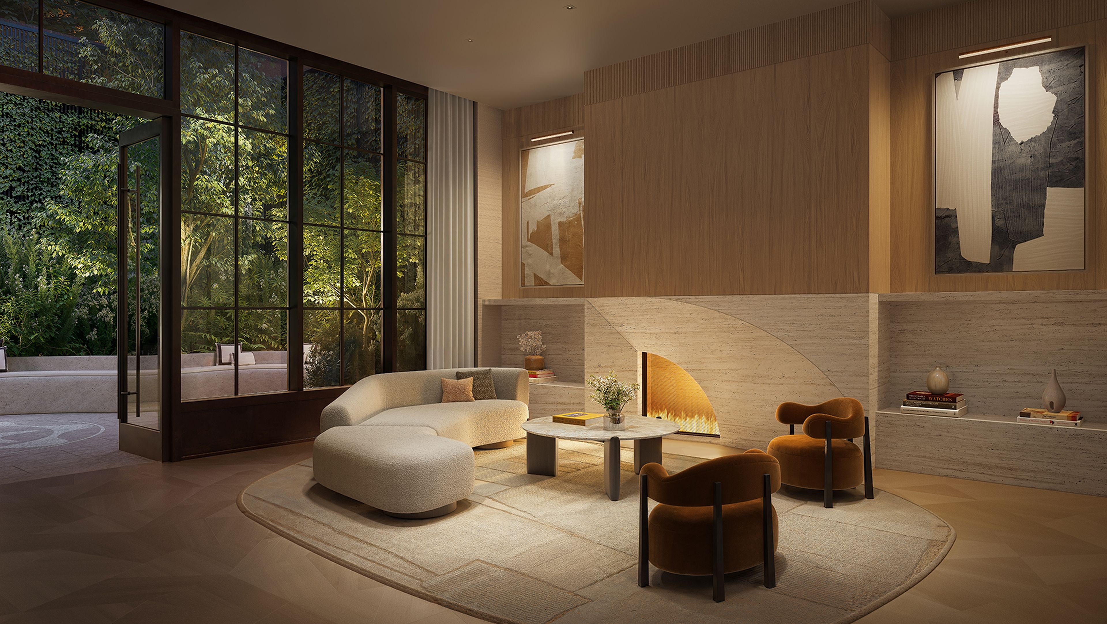 Elegant library lounge with courtyard garden at The Willow Gramercy boutique residences by Naftali Group.