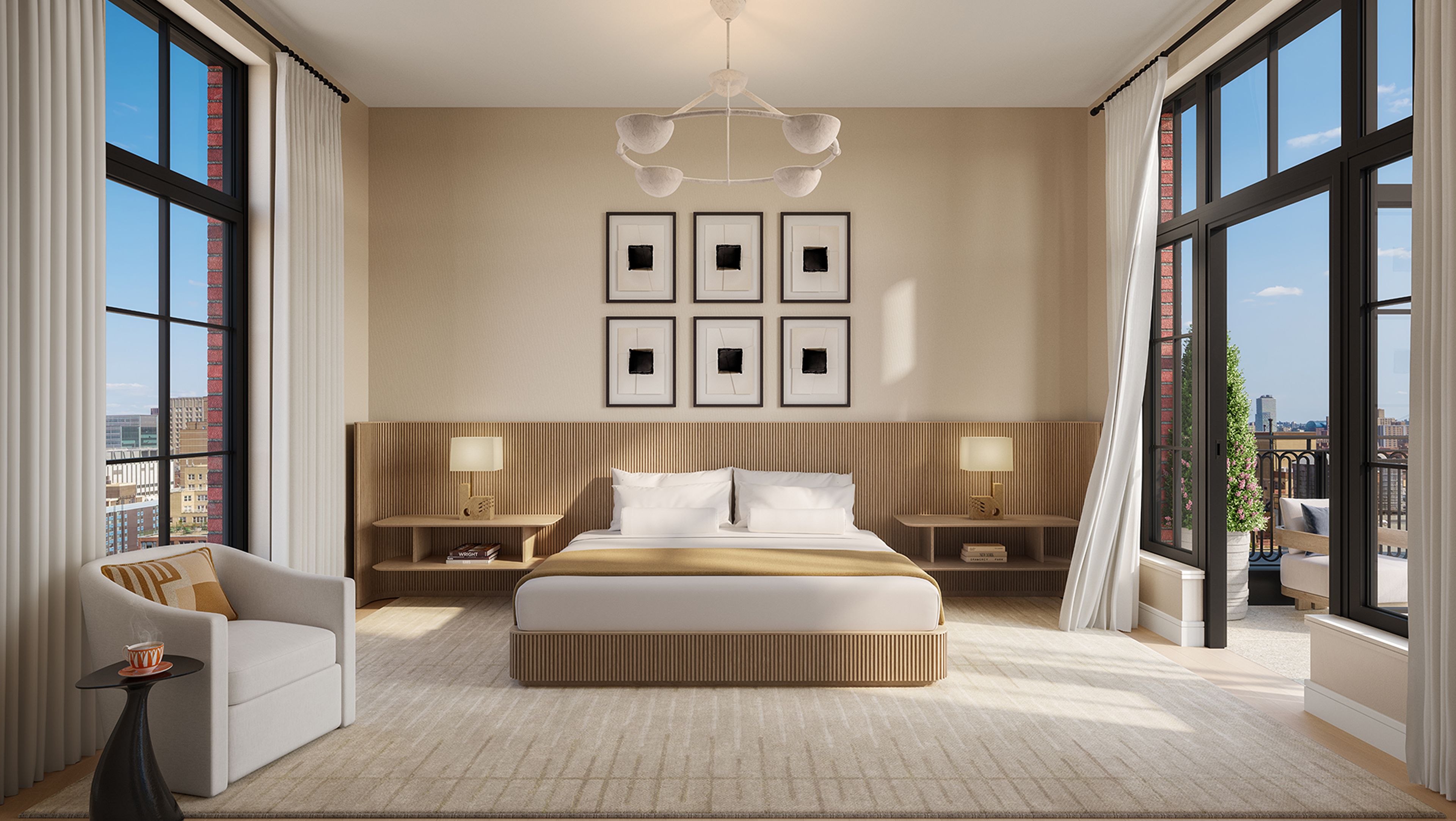 Elegant modern primary bedroom with private terrace and huge windows at The Willow's luxury penthouse in Gramercy, NYC.