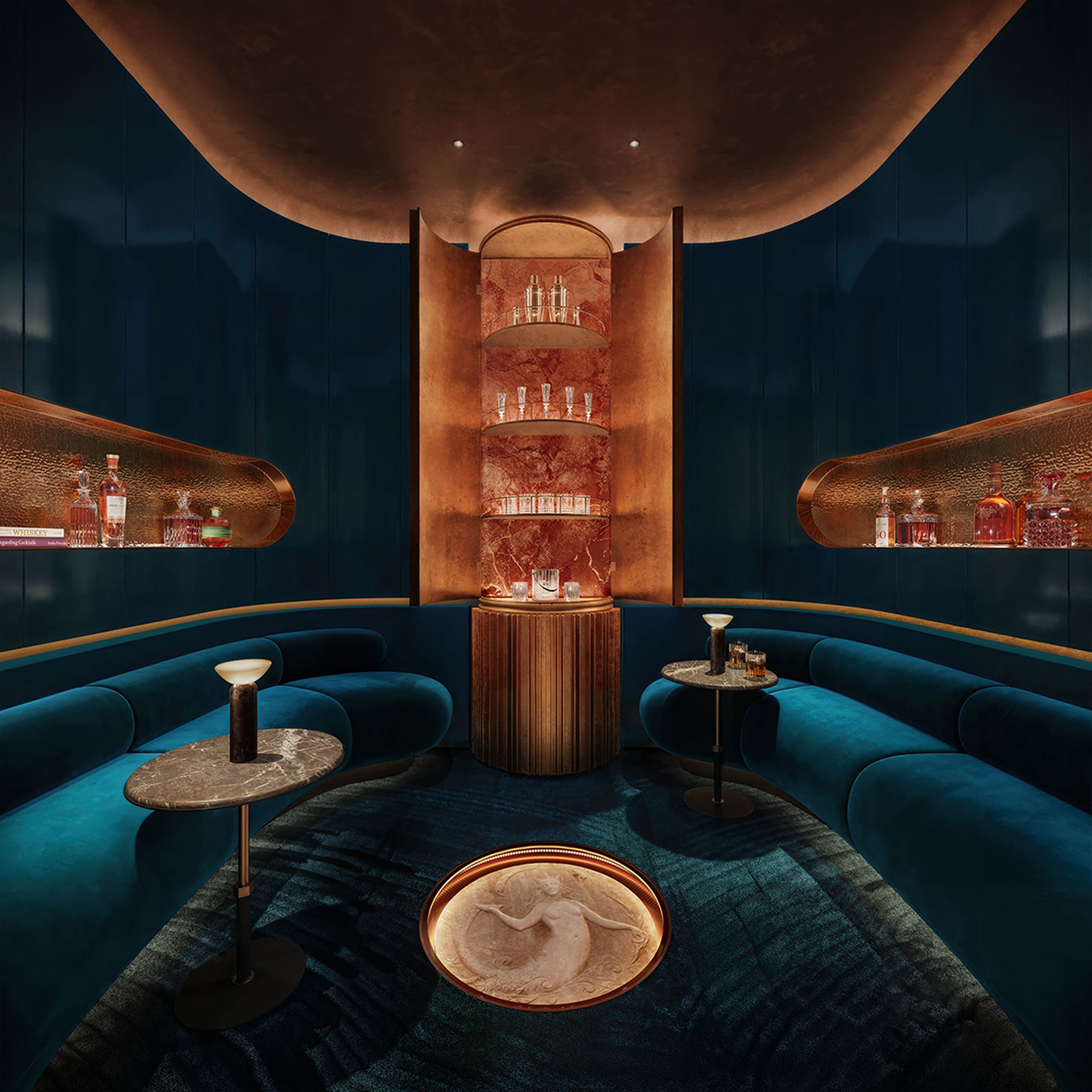 The Mermaid Room with velvet banquettes at The Willow Gramercy new development in NYC by Naftali Group.