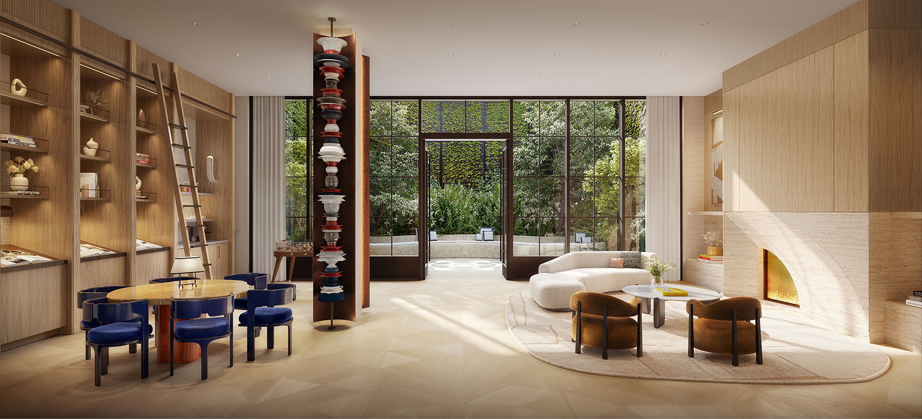 Stylish library lounge with seating and entrance to courtyard garden at The Willow Gramercy luxury homes in NYC.